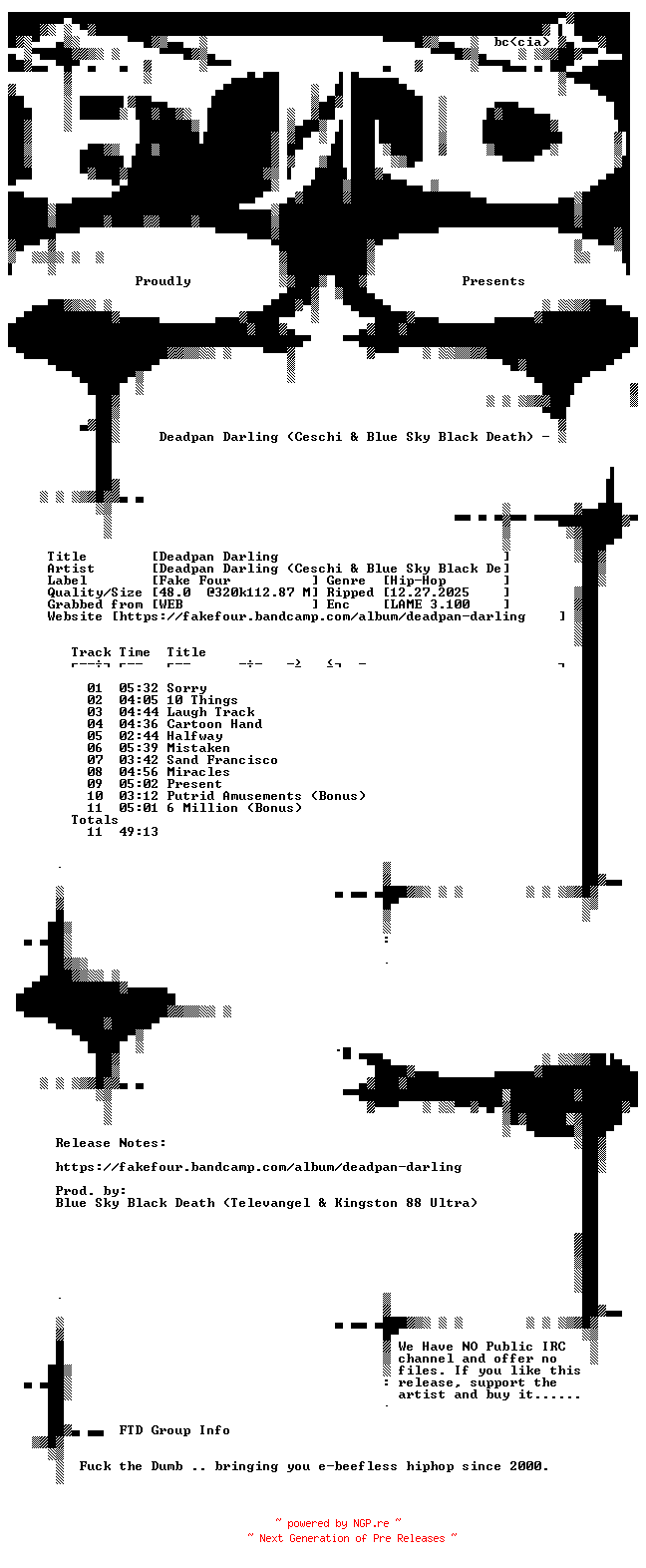 NFO for the release Deadpan_Darling_(Ceschi_and_Blue_Sky_Black_Death)-Deadpan_Darling-WEB-2021-FTD by FTD