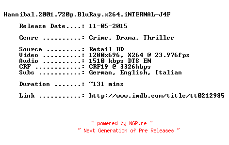 NFO for the release Hannibal.2001.720p.BluRay.x264.iNTERNAL-J4F by J4F