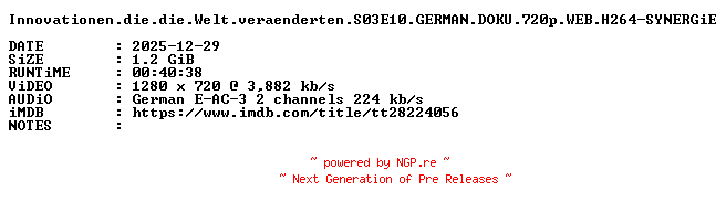 NFO for the release Innovationen.die.die.Welt.veraenderten.S03E10.GERMAN.DOKU.720p.WEB.H264-SYNERGiE by SYNERGiE