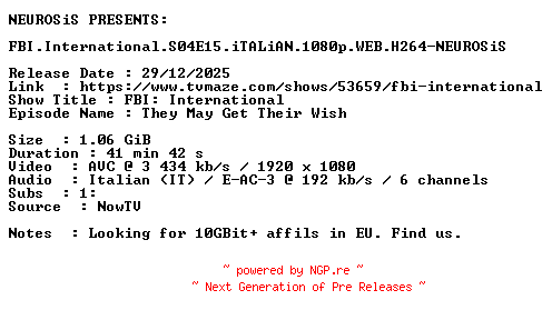 NFO for the release FBI.International.S04E15.iTALiAN.1080p.WEB.H264-NEUROSiS by NEUROSiS