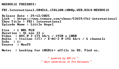 NFO for the release FBI.International.S04E16.iTALiAN.1080p.WEB.H264-NEUROSiS by NEUROSiS