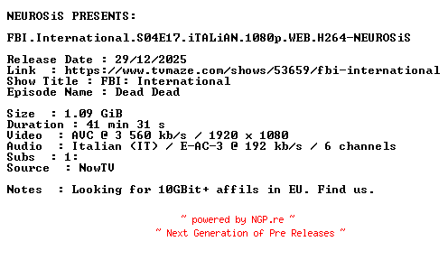 NFO for the release FBI.International.S04E17.iTALiAN.1080p.WEB.H264-NEUROSiS by NEUROSiS