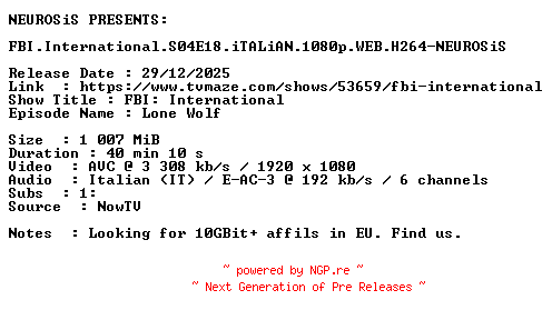 NFO for the release FBI.International.S04E18.iTALiAN.1080p.WEB.H264-NEUROSiS by NEUROSiS