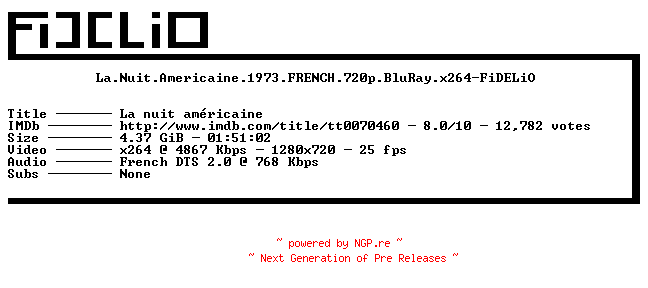NFO for the release La.Nuit.Americaine.1973.FRENCH.720p.BluRay.x264-FiDELiO by FiDELiO