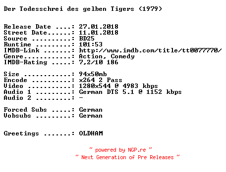 NFO for the release Der.Todesschrei.des.gelben.Tigers.1979.German.720p.BluRay.x264-SPiCY by SPiCY