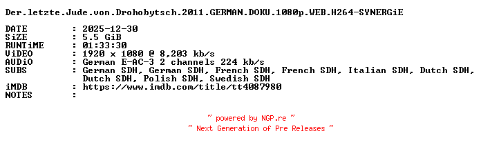 NFO for the release Der.letzte.Jude.von.Drohobytsch.2011.GERMAN.DOKU.1080p.WEB.H264-SYNERGiE by SYNERGiE