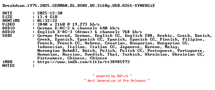 NFO for the release Breakdown.1975.2025.GERMAN.DL.DOKU.DV.2160p.WEB.H265-SYNERGiE by SYNERGiE