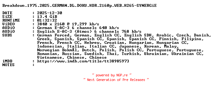NFO for the release Breakdown.1975.2025.GERMAN.DL.DOKU.HDR.2160p.WEB.H265-SYNERGiE by SYNERGiE