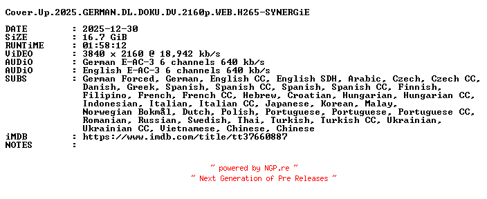 NFO for the release Cover.Up.2025.GERMAN.DL.DOKU.DV.2160p.WEB.H265-SYNERGiE by SYNERGiE