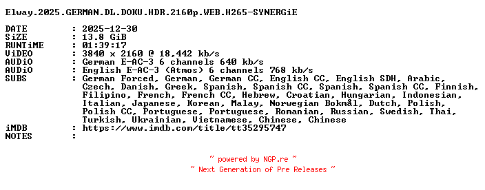 NFO for the release Elway.2025.GERMAN.DL.DOKU.HDR.2160p.WEB.H265-SYNERGiE by SYNERGiE
