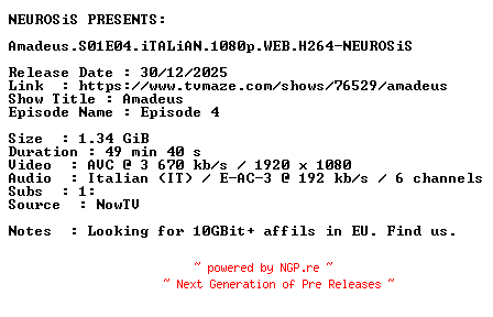 NFO for the release Amadeus.S01E04.iTALiAN.1080p.WEB.H264-NEUROSiS by NEUROSiS