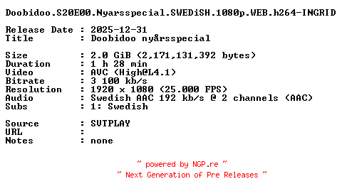 NFO for the release Doobidoo.S20E00.Nyarsspecial.SWEDiSH.1080p.WEB.h264-INGRID by INGRID