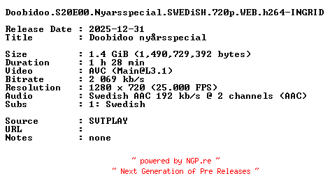NFO for the release Doobidoo.S20E00.Nyarsspecial.SWEDiSH.720p.WEB.h264-INGRID by INGRID