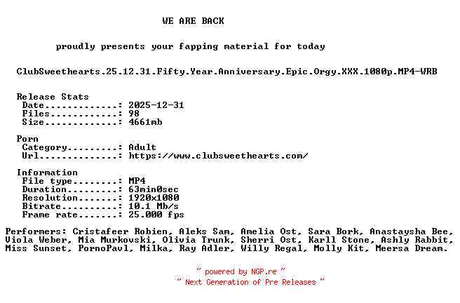 NFO for the release ClubSweethearts.25.12.31.Fifty.Year.Anniversary.Epic.Orgy.XXX.1080p.MP4-WRB by WRB