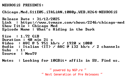 NFO for the release Chicago.Med.S11E05.iTALiAN.1080p.WEB.H264-NEUROSiS by NEUROSiS