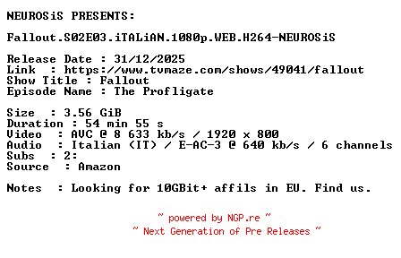 NFO for the release Fallout.S02E03.iTALiAN.1080p.WEB.H264-NEUROSiS by NEUROSiS