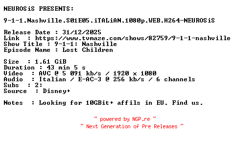 NFO for the release 9-1-1.Nashville.S01E05.iTALiAN.1080p.WEB.H264-NEUROSiS by NEUROSiS