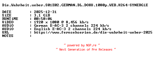 NFO for the release Die.Wahrheit.ueber.S01E02.GERMAN.DL.DOKU.1080p.WEB.H264-SYNERGiE by SYNERGiE
