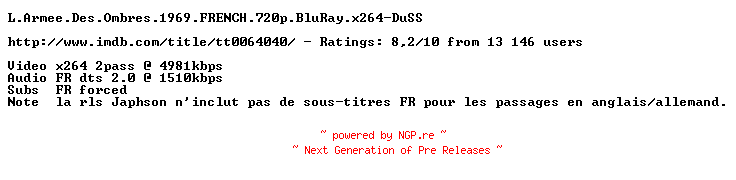 NFO for the release L.Armee.Des.Ombres.1969.FRENCH.720p.BluRay.x264-DuSS by DuSS