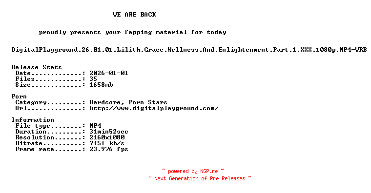 NFO for the release DigitalPlayground.26.01.01.Lilith.Grace.Wellness.And.Enlightenment.Part.1.XXX.1080p.MP4-WRB by WRB