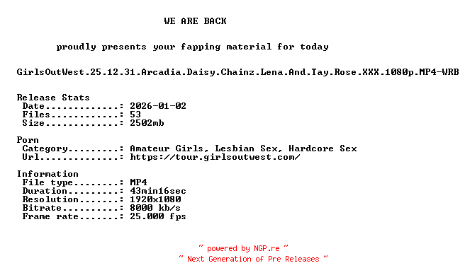 NFO for the release GirlsOutWest.25.12.31.Arcadia.Daisy.Chainz.Lena.And.Tay.Rose.XXX.1080p.MP4-WRB by WRB