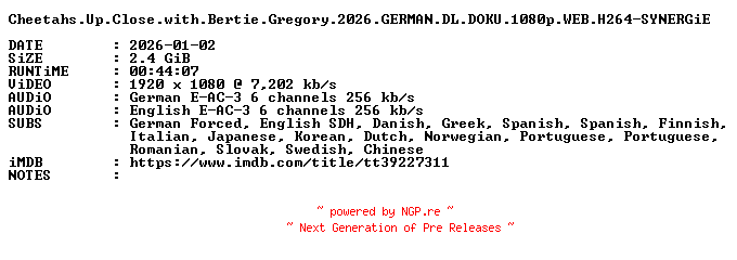 NFO for the release Cheetahs.Up.Close.with.Bertie.Gregory.2026.GERMAN.DL.DOKU.1080p.WEB.H264-SYNERGiE by SYNERGiE