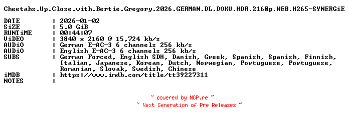 NFO for the release Cheetahs.Up.Close.with.Bertie.Gregory.2026.GERMAN.DL.DOKU.HDR.2160p.WEB.H265-SYNERGiE by SYNERGiE
