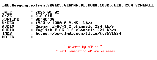 NFO for the release LKW.Bergung.extrem.S08E05.GERMAN.DL.DOKU.1080p.WEB.H264-SYNERGiE by SYNERGiE