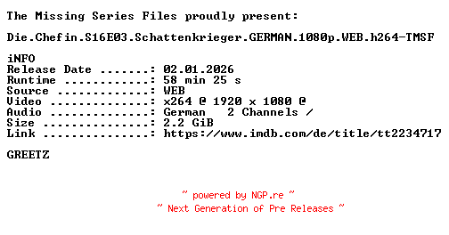 NFO for the release Die.Chefin.S16E03.Schattenkrieger.GERMAN.1080p.WEB.h264-TMSF by TMSF
