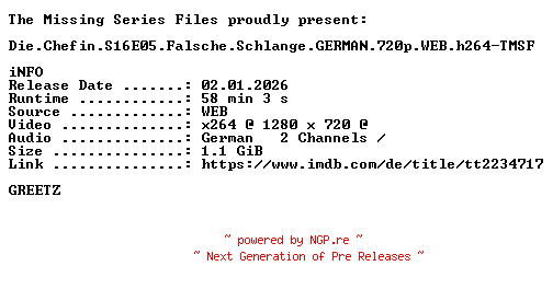 NFO for the release Die.Chefin.S16E05.Falsche.Schlange.GERMAN.720p.WEB.h264-TMSF by TMSF