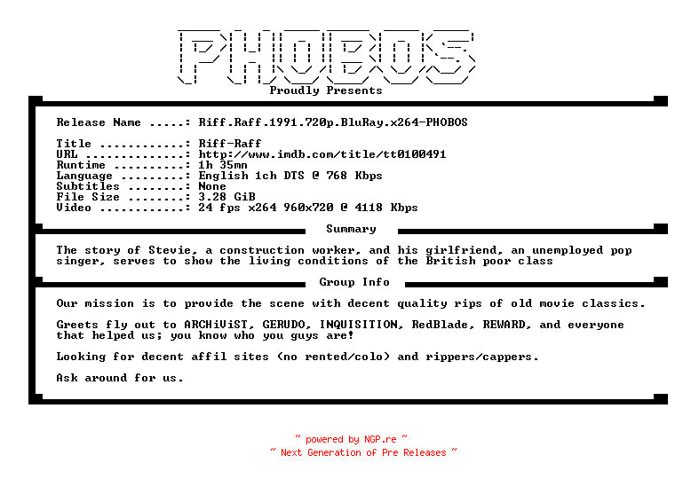 NFO for the release Riff.Raff.1991.720p.BluRay.x264-PHOBOS by PHOBOS