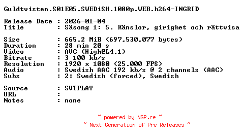 NFO for the release Guldtvisten.S01E05.SWEDiSH.1080p.WEB.h264-INGRID by INGRID