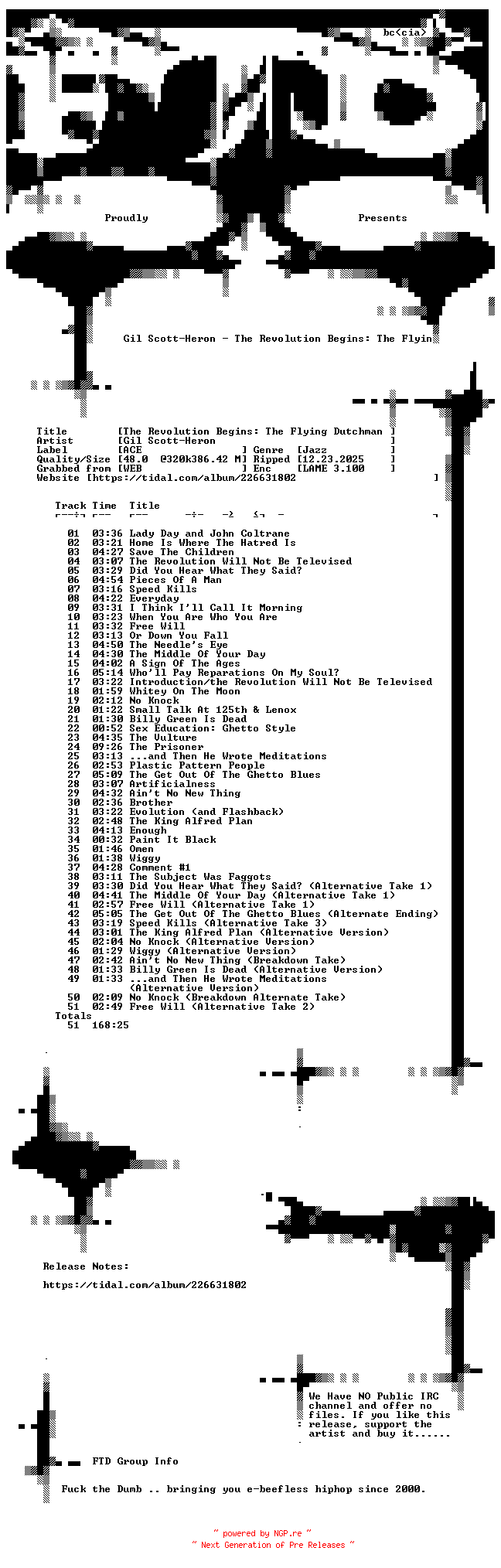 NFO for the release Gil_Scott-Heron-The_Revolution_Begins_The_Flying_Dutchman_Masters-WEB-2012-FTD by FTD