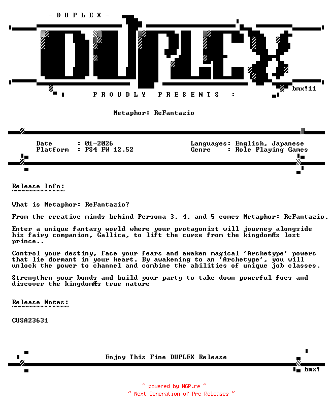 NFO for the release Metaphor.ReFantazio.PS4-DUPLEX by DUPLEX
