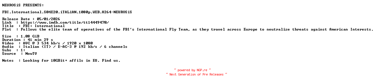 NFO for the release FBI.International.S04E20.iTALiAN.1080p.WEB.H264-NEUROSiS by NEUROSiS