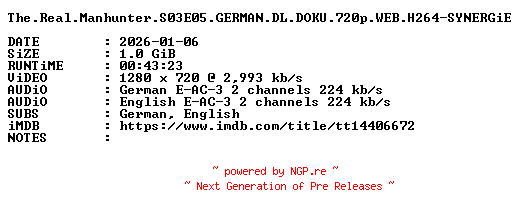 NFO for the release The.Real.Manhunter.S03E05.GERMAN.DL.DOKU.720p.WEB.H264-SYNERGiE by SYNERGiE