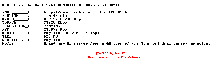 NFO for the release A.Shot.in.the.Dark.1964.REMASTERED.BDRip.x264-GAZER by GAZER