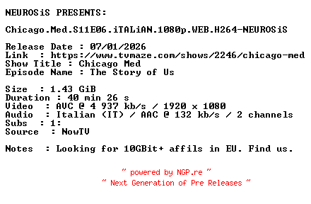 NFO for the release Chicago.Med.S11E06.iTALiAN.1080p.WEB.H264-NEUROSiS by NEUROSiS