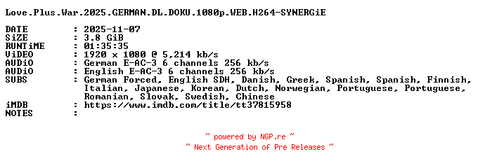 NFO for the release Love.Plus.War.2025.GERMAN.DL.DOKU.1080p.WEB.H264-SYNERGiE by SYNERGiE