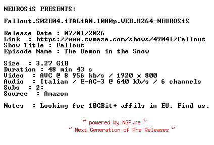 NFO for the release Fallout.S02E04.iTALiAN.1080p.WEB.H264-NEUROSiS by NEUROSiS