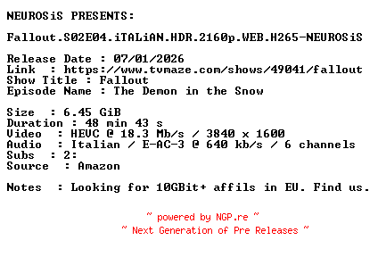 NFO for the release Fallout.S02E04.iTALiAN.HDR.2160p.WEB.H265-NEUROSiS by NEUROSiS