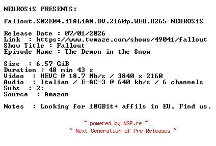 NFO for the release Fallout.S02E04.iTALiAN.DV.2160p.WEB.H265-NEUROSiS by NEUROSiS