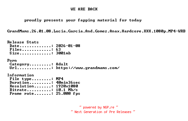 NFO for the release GrandMams.26.01.08.Lucia.Garcia.And.Gomez.Anax.Hardcore.XXX.1080p.MP4-WRB by WRB