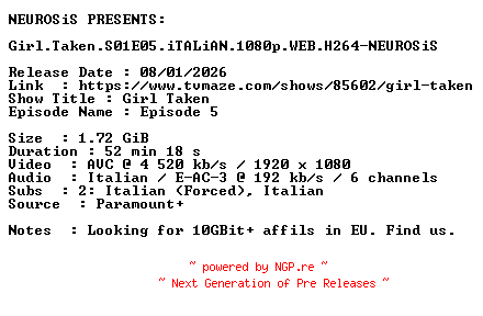 NFO for the release Girl.Taken.S01E05.iTALiAN.1080p.WEB.H264-NEUROSiS by NEUROSiS