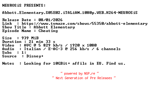 NFO for the release Abbott.Elementary.S05E02.iTALiAN.1080p.WEB.H264-NEUROSiS by NEUROSiS