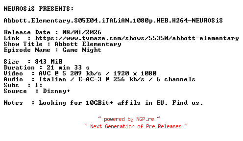 NFO for the release Abbott.Elementary.S05E04.iTALiAN.1080p.WEB.H264-NEUROSiS by NEUROSiS