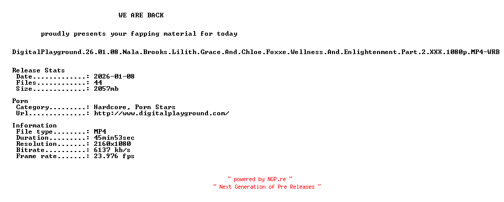 NFO for the release DigitalPlayground.26.01.08.Nala.Brooks.Lilith.Grace.And.Chloe.Foxxe.Wellness.And.Enlightenment.Part.2.XXX.1080p.MP4-WRB by WRB