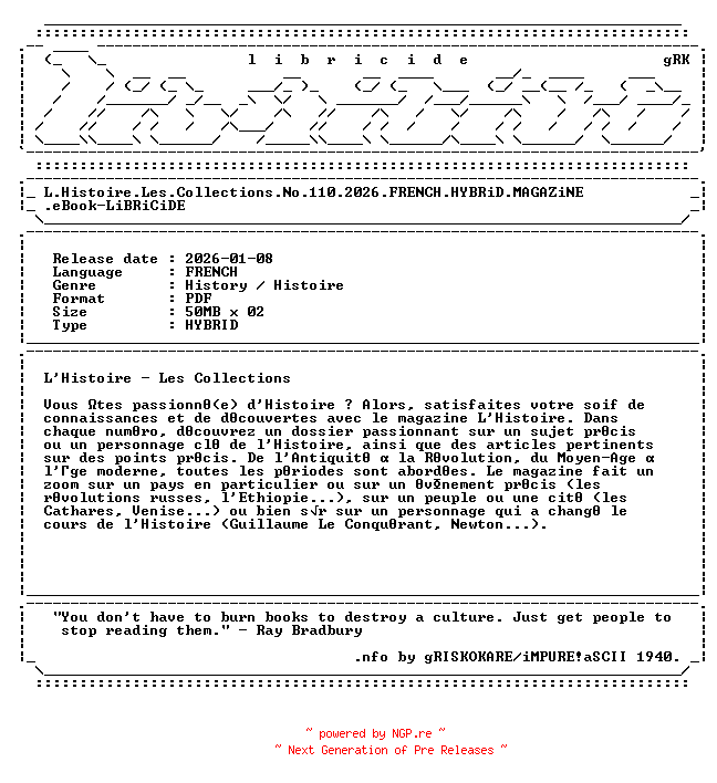 NFO for the release L.Histoire.Les.Collections.No.110.2026.FRENCH.HYBRiD.MAGAZiNE.eBook-LiBRiCiDE by LiBRiCiDE