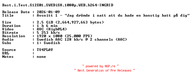 NFO for the release Bast.i.Test.S12E01.SWEDiSH.1080p.WEB.h264-INGRID by INGRID