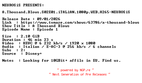 NFO for the release A.Thousand.Blows.S02E01.iTALiAN.1080p.WEB.H265-NEUROSiS by NEUROSiS